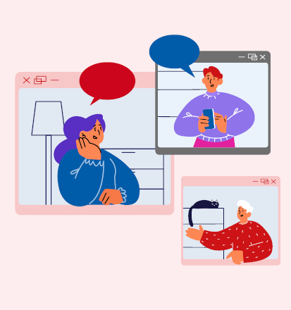 Grafik zum Format: Wissen und Austausch - Sucht. Es werden Personen im Online-Chat gezeigt