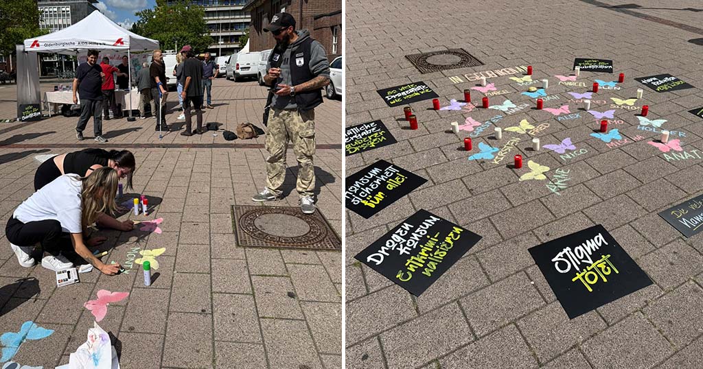 Das Café Caro gedenkt verstorbenen drogengebrauchenden Menschen vor dem Oldenburger Hauptbahnhof mit einer Kreativaktion.